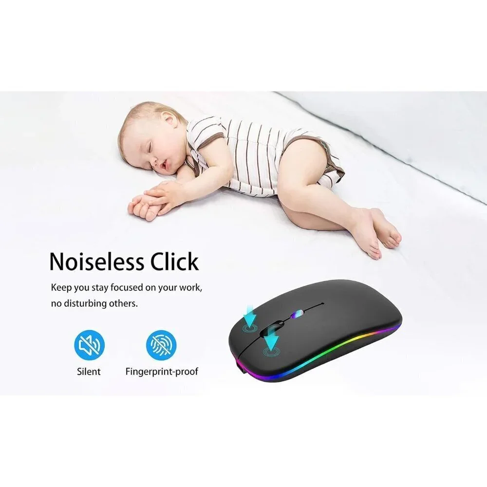 ✨Mouse Black Wireless Bluetooth Rechargeable Silent Slim LED Mouse for Laptop